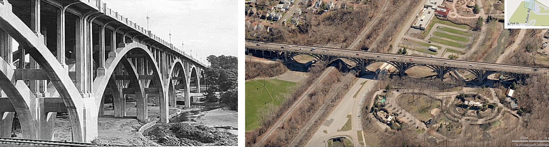 Left: The original Fulton Street Bridge structure (now demolished). Right: Aerial view of the new Fulton Street Bridge.   