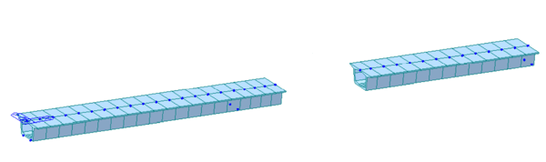 Construction stage analysis model in midas Civil showing segments of prestressed beams that were built in sections. 