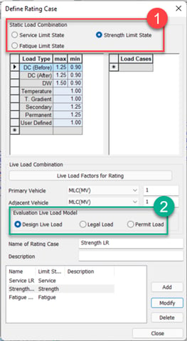 Defining load case for load rating check