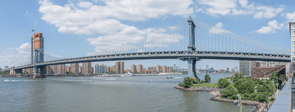 Manhattan bridge from Wikipedia. Geometric nonlinearity. Long suspension bridge.